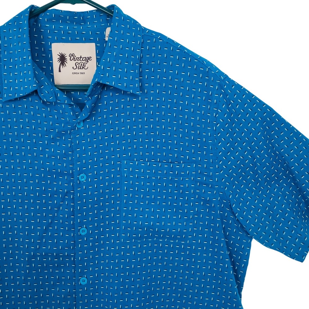Vintage Silk Circa 1969 Button-Down Mens XL Blue‎ Geometric Dash Print S sleeve